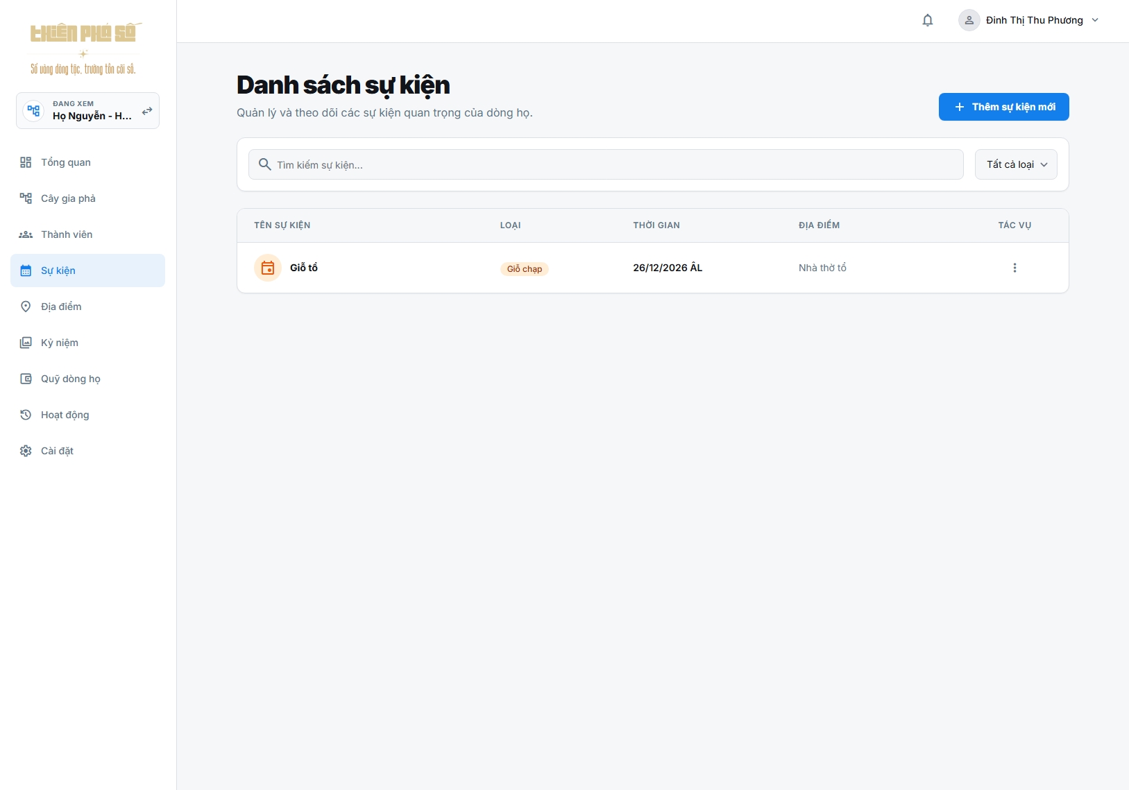 Lịch giỗ tổ & sự kiện dòng họ — minh họa tính năng trên Thiên Phả Số