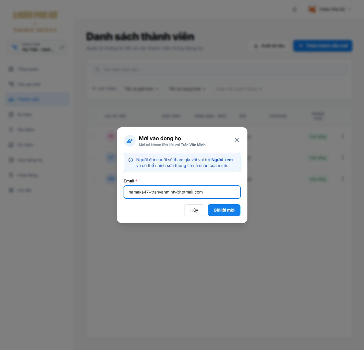 Nhập email người được mời vào dòng họ trên Thiên Phả Số