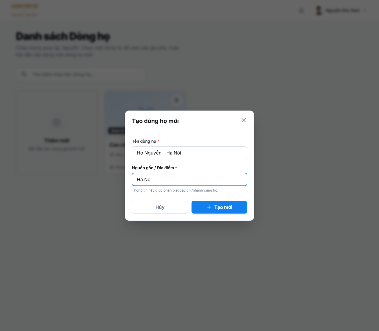 Form tạo dòng họ đã điền thông tin