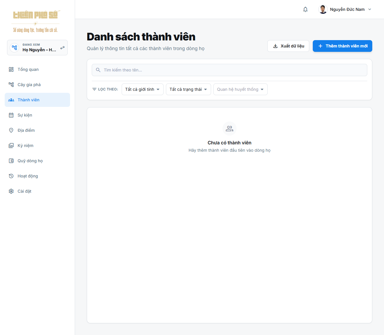 Trang danh sách thành viên trên Thiên Phả Số